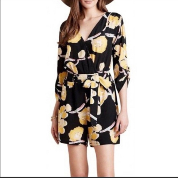 ANTHROPOLOGIE | Elevenses Yellow Black Floral Romper women’s Medium - Picture 1 of 9